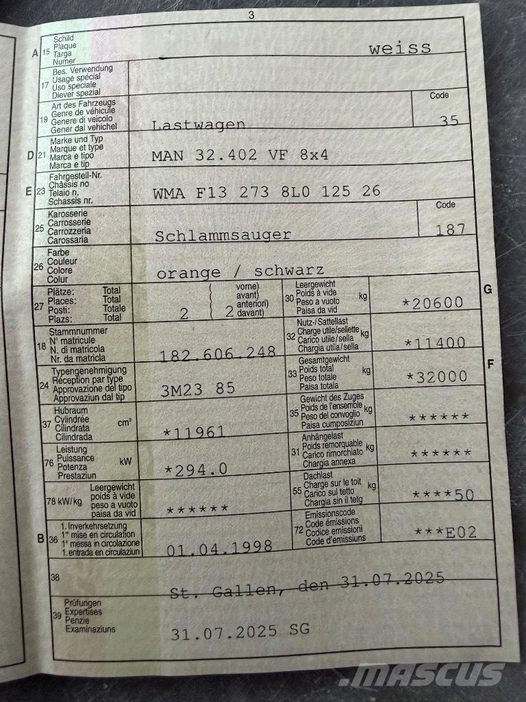 MAN 32.402 VF 8x4 Kombi vozila/ vakum kamioni