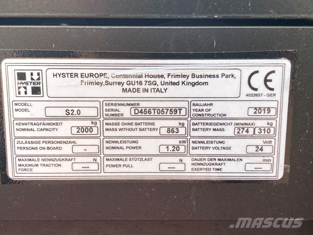 Hyster S 2.0 Ručni električni viljuškar