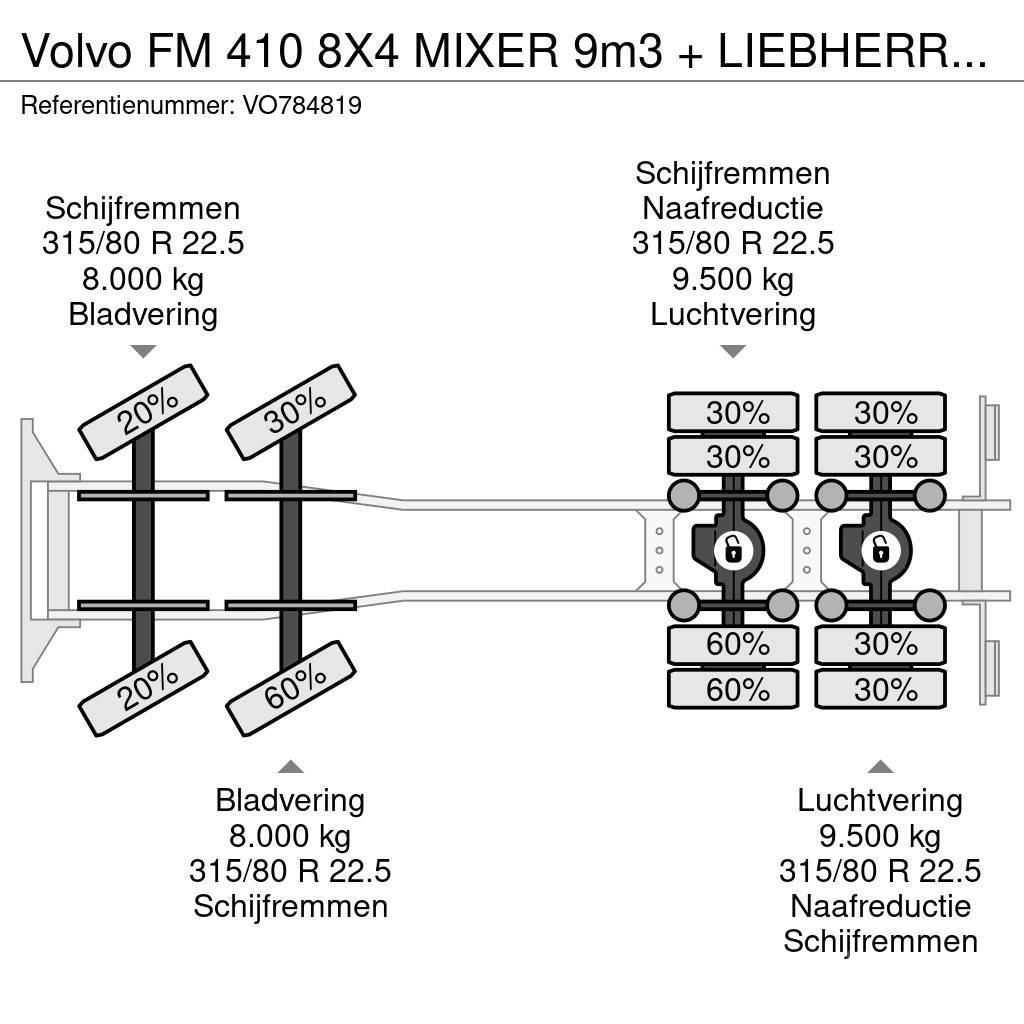 Volvo FM 410 8X4 MIXER 9m3 + LIEBHERR CONVEYOR BELT Kamioni mešalice za beton